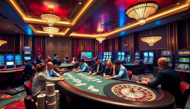 MM88 casino experience with vibrant gaming tables and excited players engaged in high-stakes action.