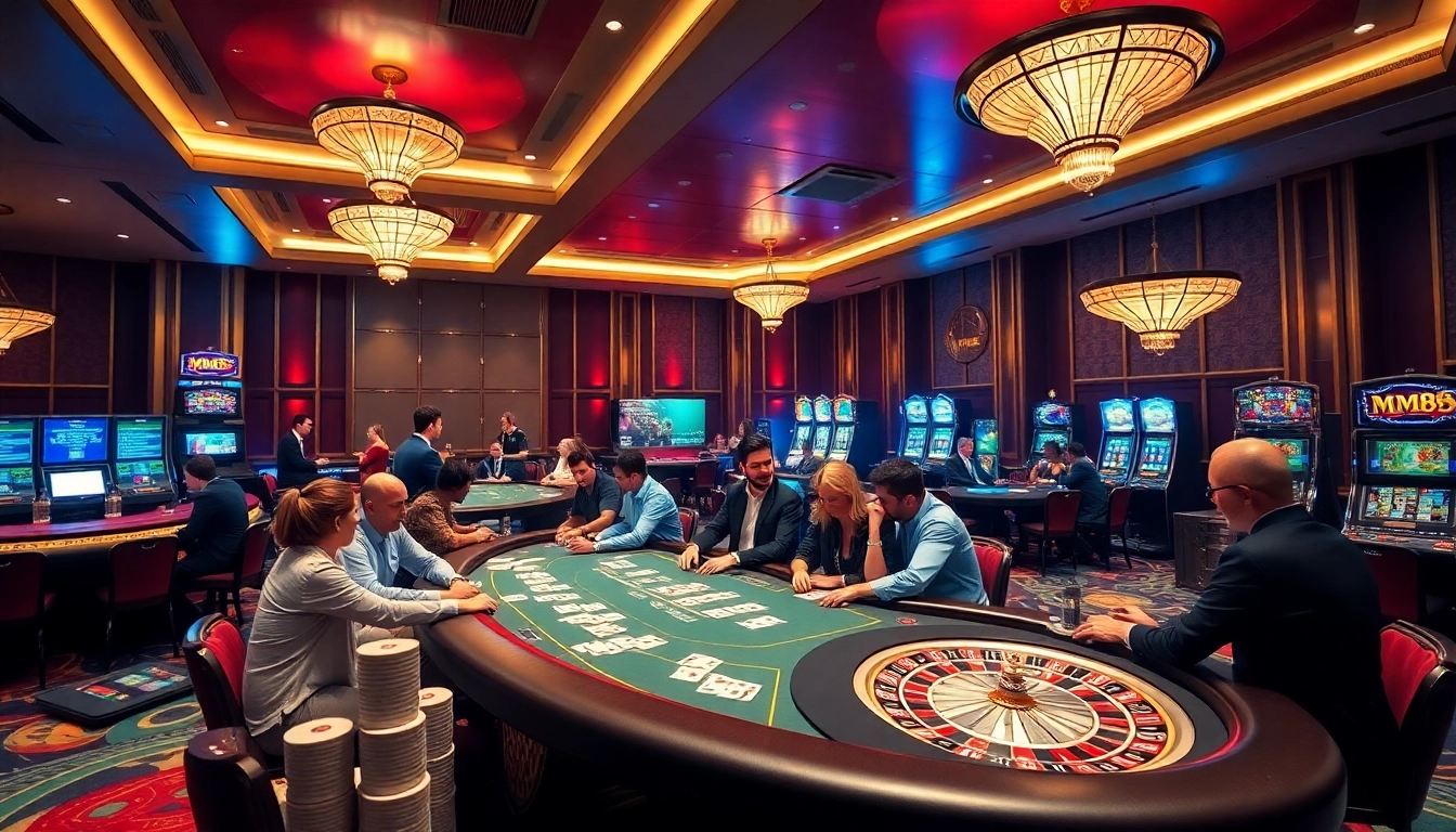 MM88 casino experience with vibrant gaming tables and excited players engaged in high-stakes action.