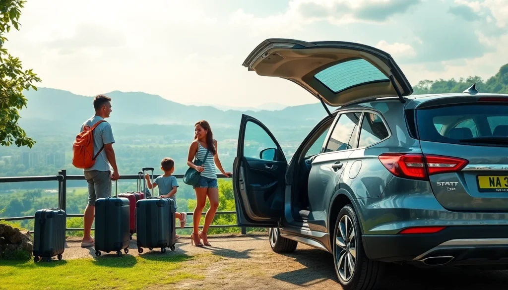 Kuching rent a car scene with a family enjoying their rental vehicle amidst Malaysia's beautiful landscape.