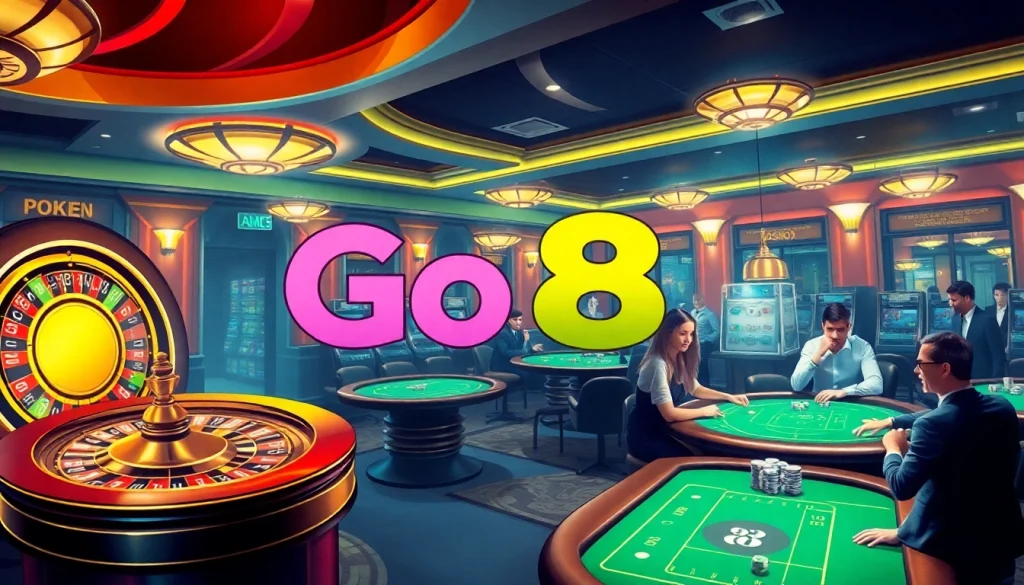 Players enjoy a thrilling game at Go8 casino with poker chips and roulette wheel in focus.