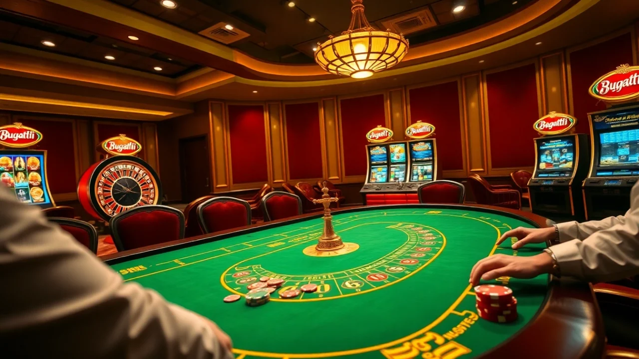 Players enjoying a thrilling game at Bugatti8-themed casino table with luxurious surroundings.