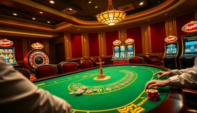 Players enjoying a thrilling game at Bugatti8-themed casino table with luxurious surroundings.