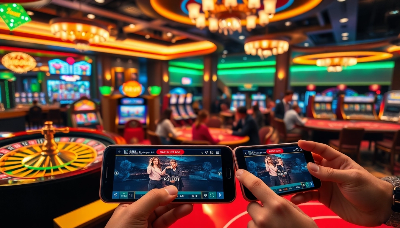 RR88 casino scene featuring vibrant slot machines, roulette wheel, and engaging poker action.