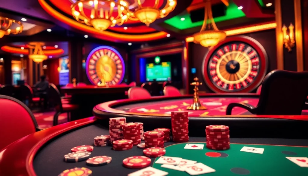 A vibrant casino scene featuring high-stakes poker and colorful chips, with inspiration from https://s88.works/.
