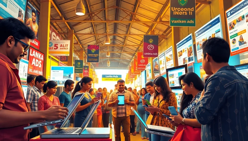 A colorful digital marketplace scene showcasing individuals engaging with Lanka Ads on various devices in a lively atmosphere.