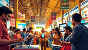 A colorful digital marketplace scene showcasing individuals engaging with Lanka Ads on various devices in a lively atmosphere.