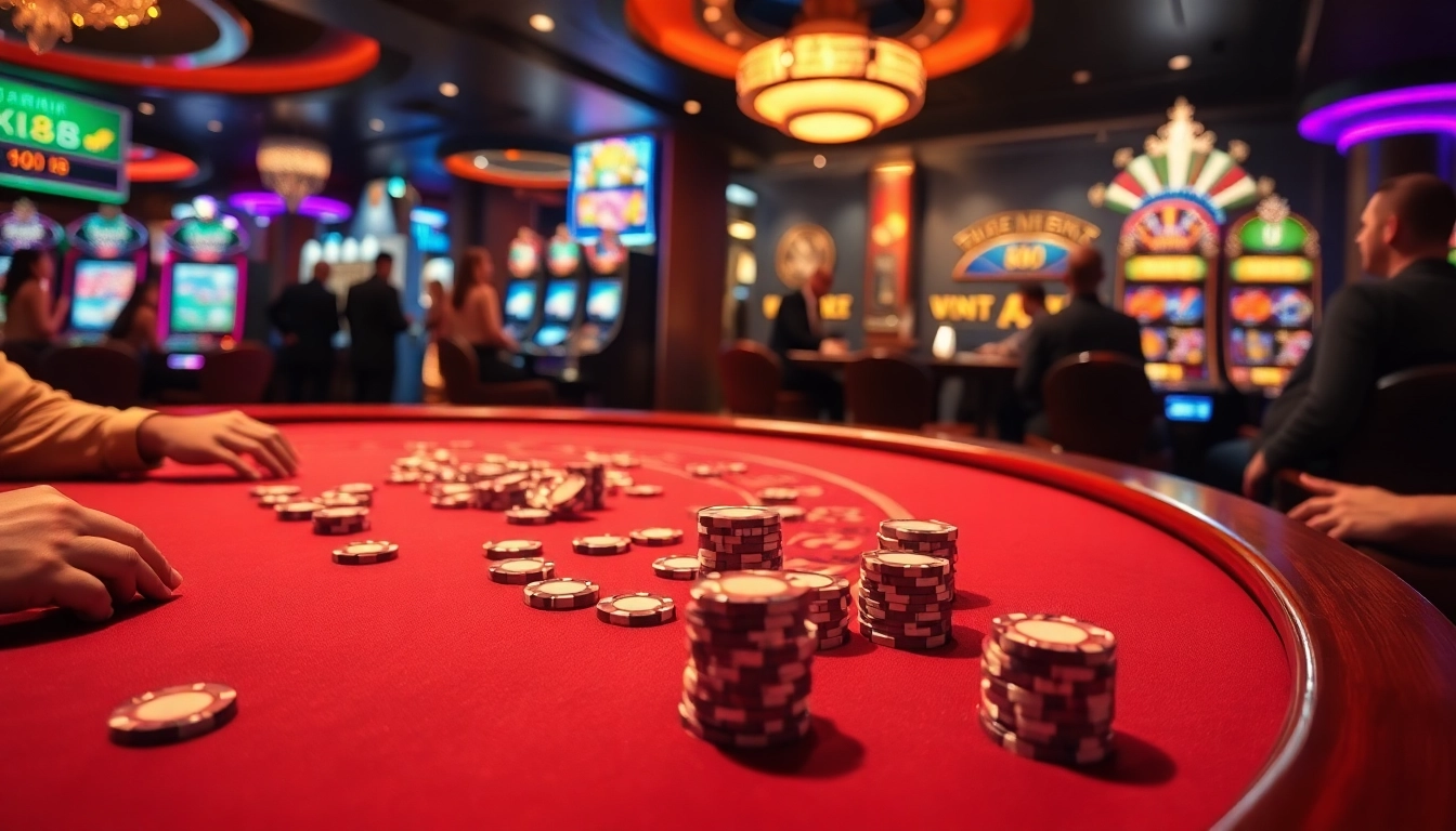 A thrilling poker table with engaged players and xx88 casino chips glimmering in the vibrant atmosphere.