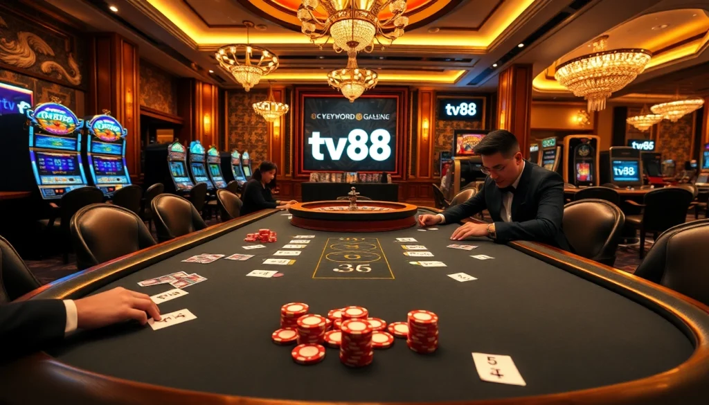Experience a thrilling game at the TV88 casino with professional poker players at an exciting poker table.