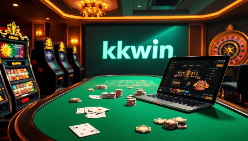 Engaging scene of a luxurious poker setup showcasing kkwin with vibrant slot machines and professional elements.