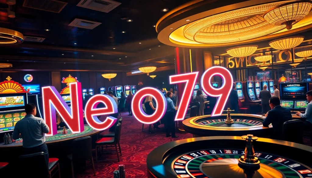 Experience the excitement of gambling at Neo79 with vibrant casino tables and eager players engaging in thrilling games.