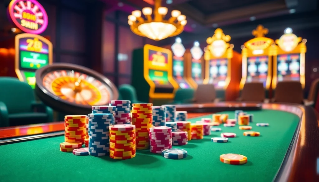 Engaging poker action at 78WIN with vibrant chips and spinning roulette.