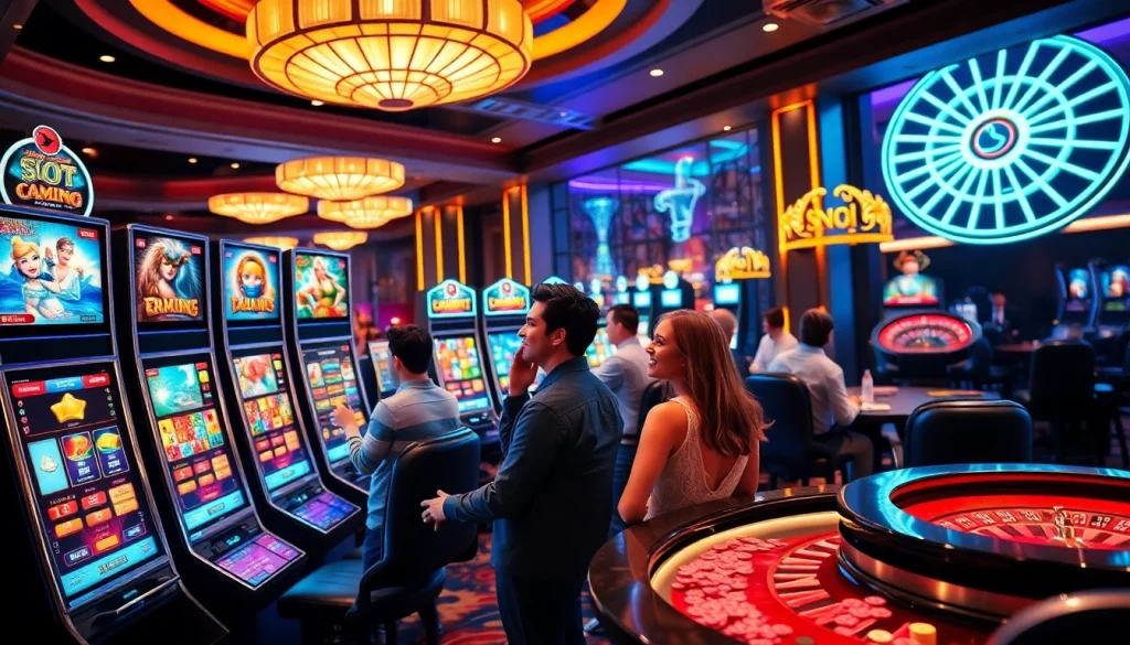 Engaged players enjoying Slot Online Terpercaya at vibrant casino machines with luxury ambience.