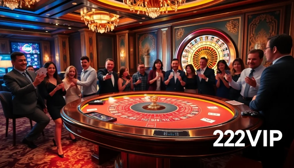 Experience the thrill of 22VIP casino games at a luxurious blackjack table with players and excitement.