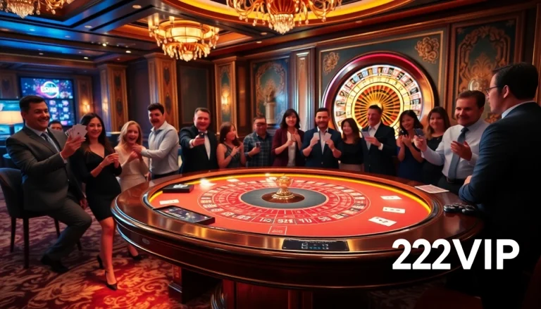 Experience the thrill of 22VIP casino games at a luxurious blackjack table with players and excitement.