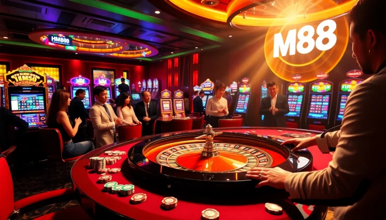 Players engaging at the HM88 roulette table with vibrant casino elements and betting excitement.