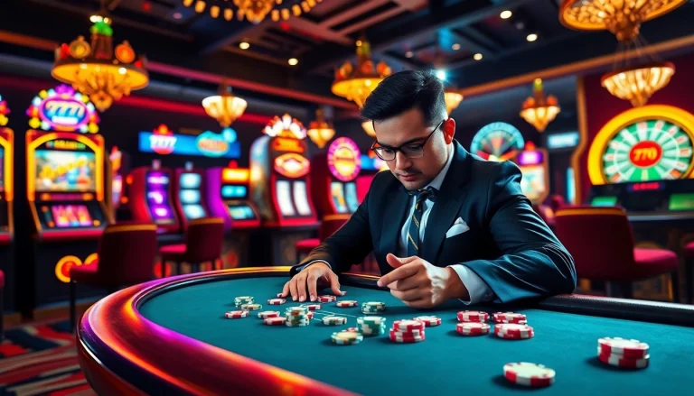 An exhilarating experience with the 777g App at a virtual poker table featuring vibrant chip colors and a lively atmosphere.