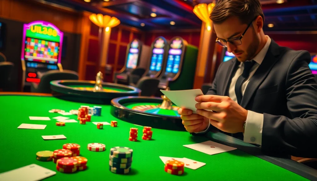 Exciting casino scene showcasing UU88 with vibrant roulette wheel and poker chips.