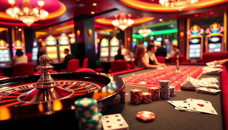 Experience the excitement of betting at nhà cái F8BET with a luxurious casino setup featuring roulette and poker.