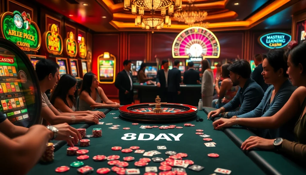 Players enjoying a dynamic casino experience at 8DAY with vibrant casino tables and slot machines.