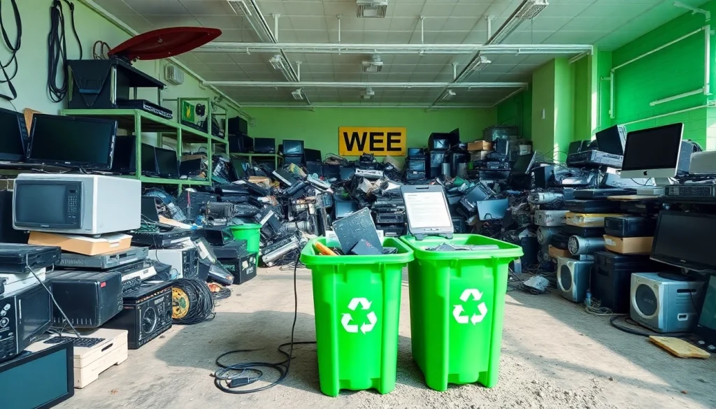 Promote weee recycling reading through an engaged recycling center displaying electronic waste for proper disposal.