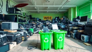 Promote weee recycling reading through an engaged recycling center displaying electronic waste for proper disposal.