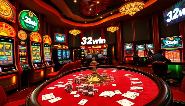 Engaged gamblers enjoying 32win games at an upscale casino with vibrant slot machines.