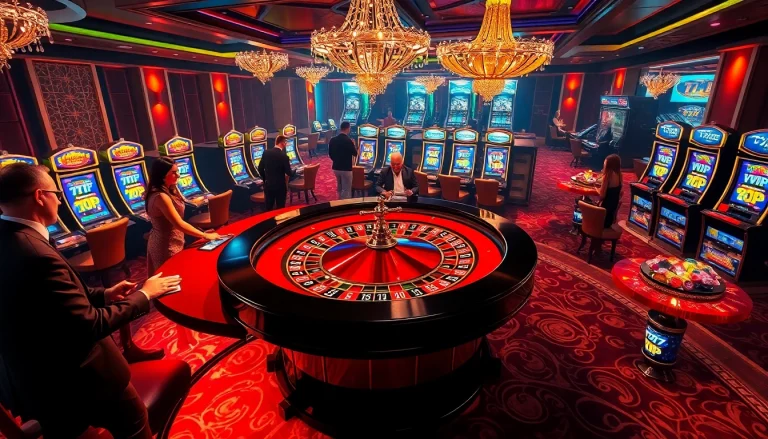 Players engaging at a luxurious roulette table with 777VIP branding, exuding a vibrant casino atmosphere.