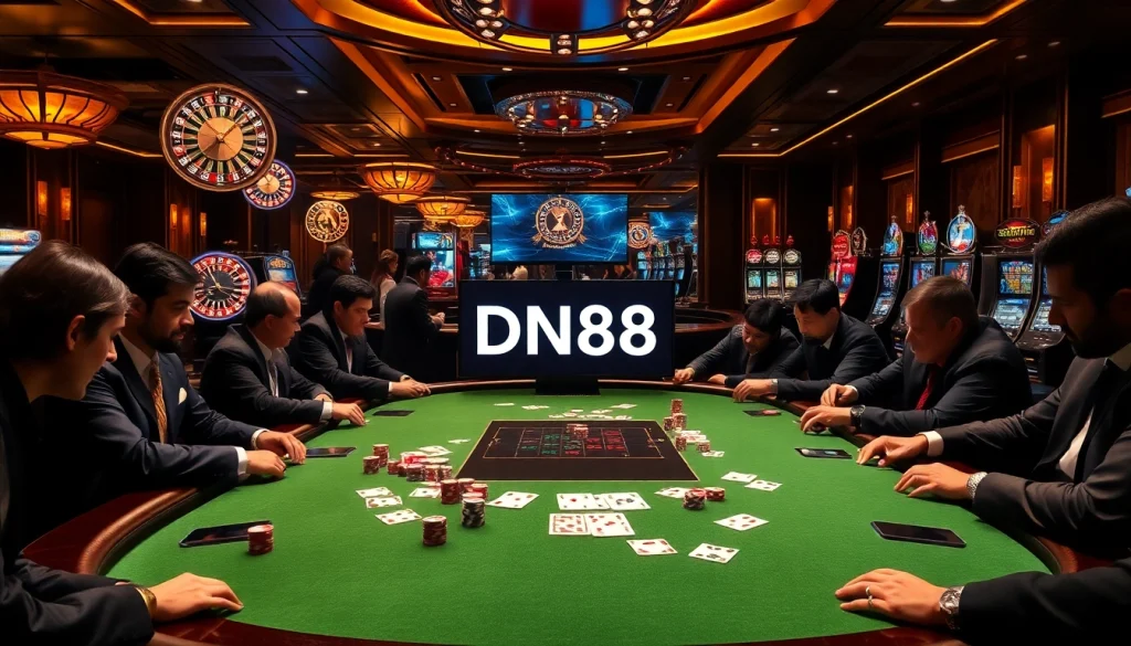 Intensely competing players at a DN88 poker table in a luxurious casino setting.