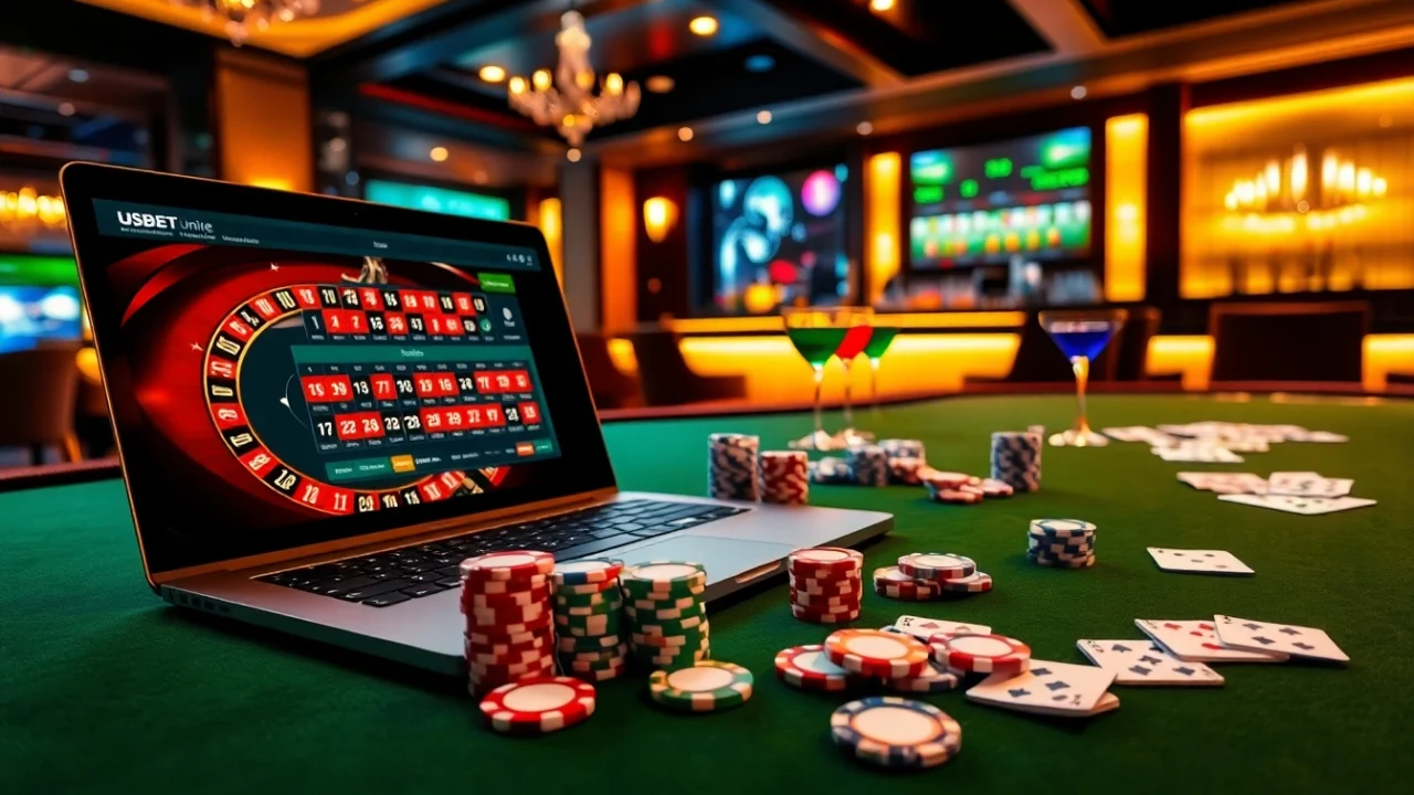 Experience excitement at USBET with a vibrant casino scene showcasing online betting, roulette, and poker.