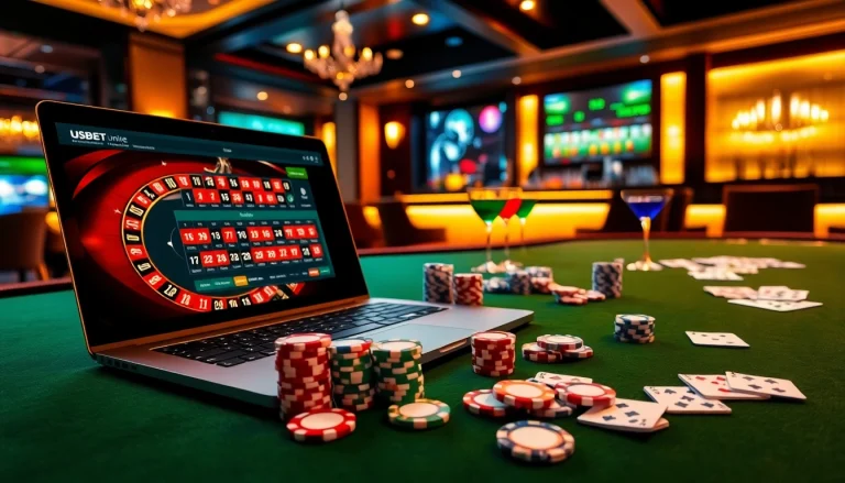 Experience excitement at USBET with a vibrant casino scene showcasing online betting, roulette, and poker.