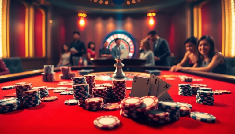 RR88 players engaging in thrilling casino games with poker chips and cards.