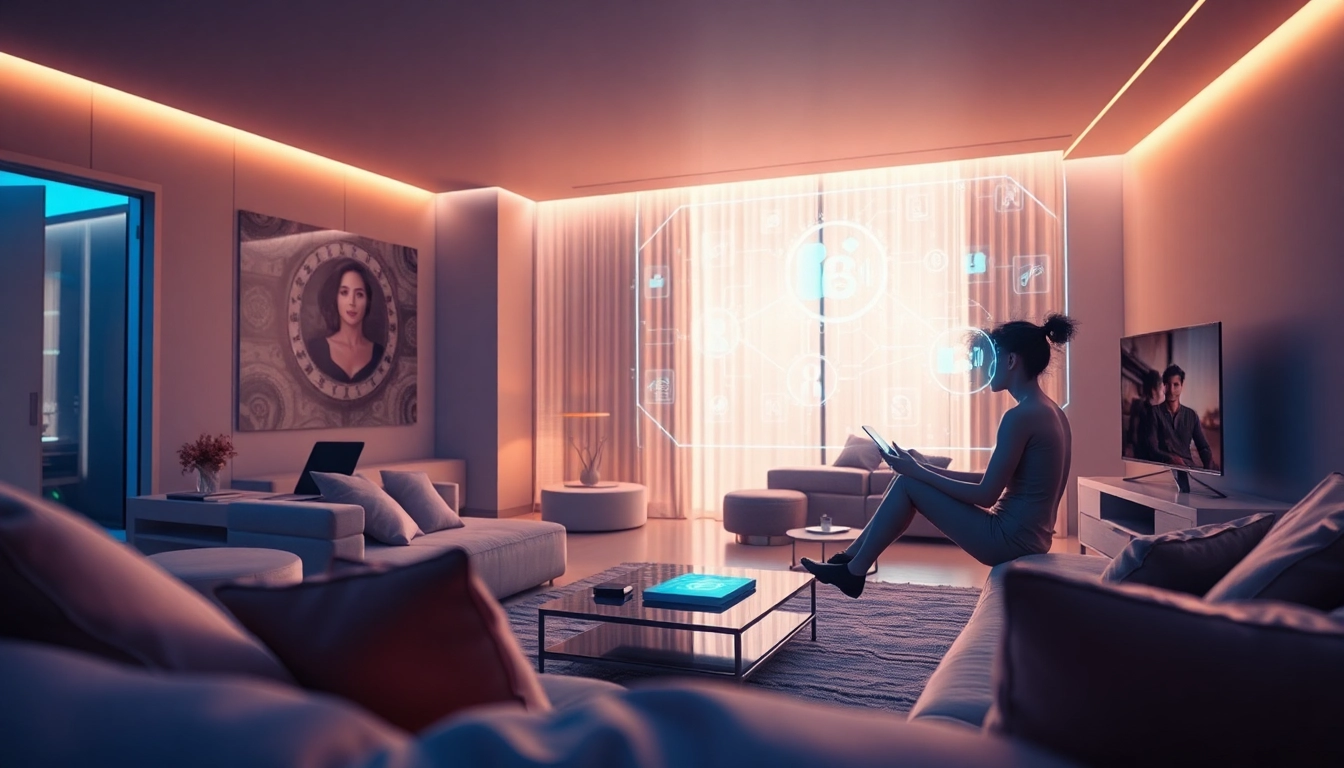 Sex ai integration in a futuristic living room with ambient lighting and digital interfaces.