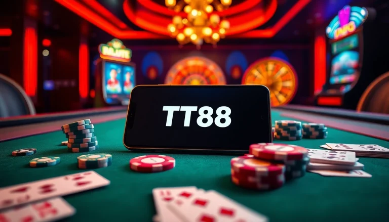 Experience thrilling online gambling with TT88 featuring vibrant casino elements and a sleek mobile interface.