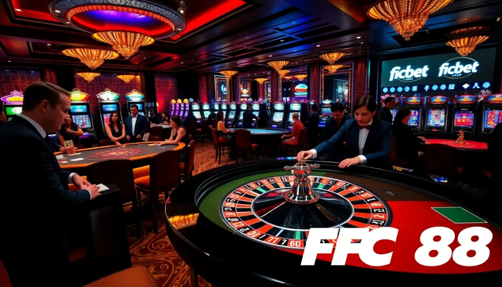 Engaging gamblers at a roulette table with action from https://fc88.de.com/ in a luxurious casino.
