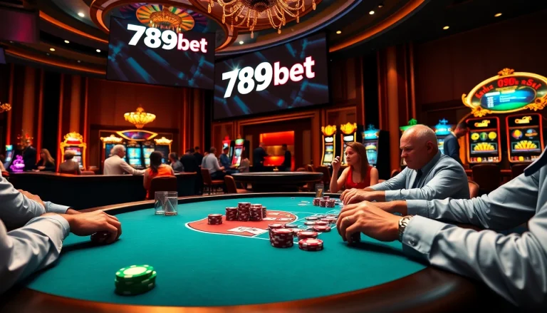 Engage in high-stakes gaming at 789bet’s luxurious casino, featuring poker tables and a roulette wheel.