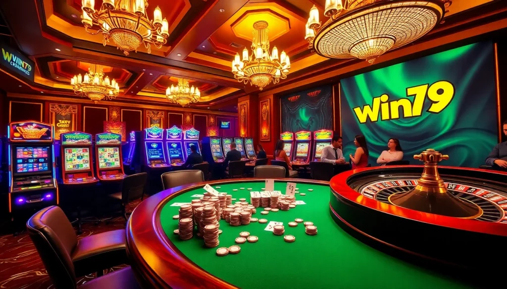 Win79 players enjoying an exciting poker game surrounded by vibrant casino elements.