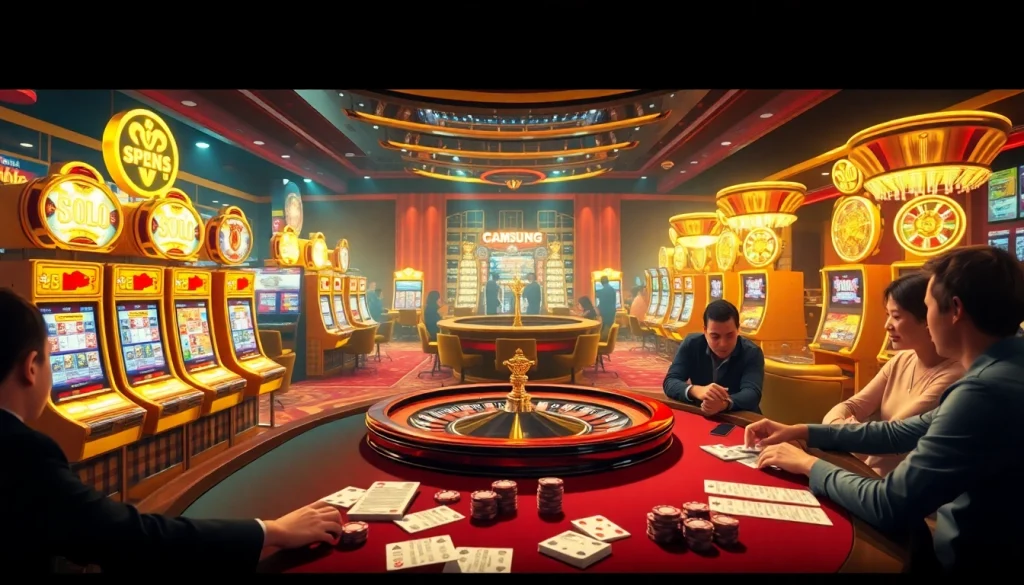 Players enjoying thrilling casino games at S8, surrounded by colorful slot machines and poker chips.