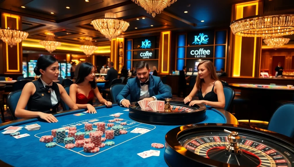 Players enjoying a game at a casino table with KJC coffee served at the bar.
