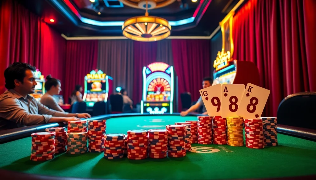 GO8 players strategizing at a luxurious poker table with vibrant chips and cards.