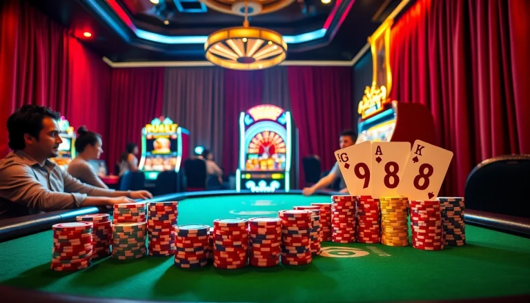 GO8 players strategizing at a luxurious poker table with vibrant chips and cards.