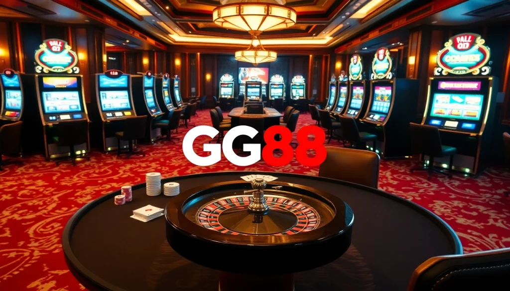 Experience high-stakes gambling at GG88's vibrant casino with poker tables and roulette wheels.