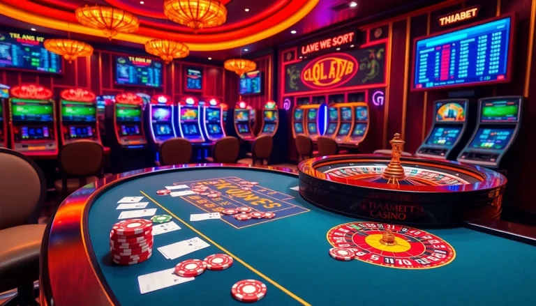 Experience the thrill of online gambling at thabet1.net with vibrant casino tables and exciting betting action.