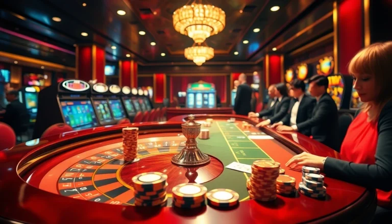 Experience the thrill of playing at rikvip with a luxurious casino scene featuring poker, roulette, and vibrant slot machines.
