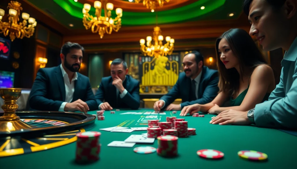 FIVE88 players engaging in a thrilling game at a luxurious casino table, highlighting excitement and strategy.