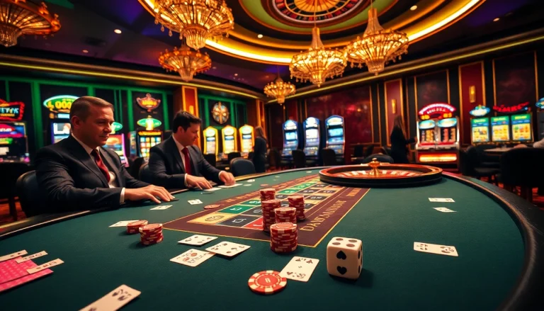 Glamorous casino scene featuring a lively blackjack game at https://s88.works/, with vibrant poker chips and an exciting atmosphere.