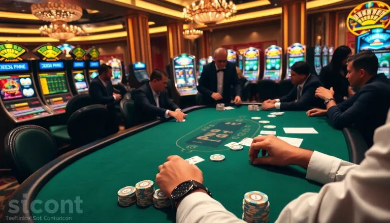 Experience the thrill of winning at Situs Slot Gacor with vibrant casino tables and players in action.