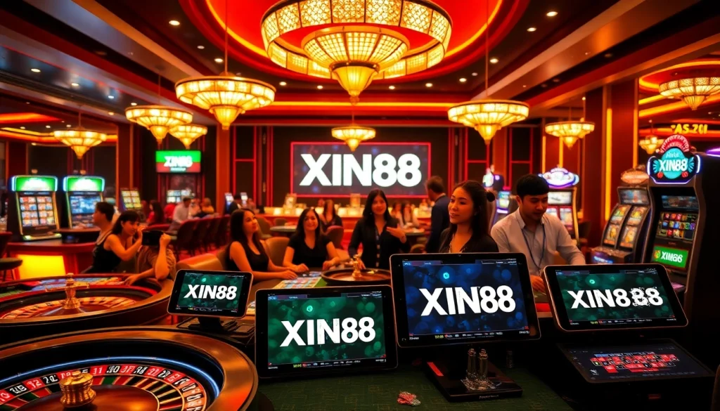 XIN88 gambling experience featuring luxurious tables and interactive gaming interfaces.