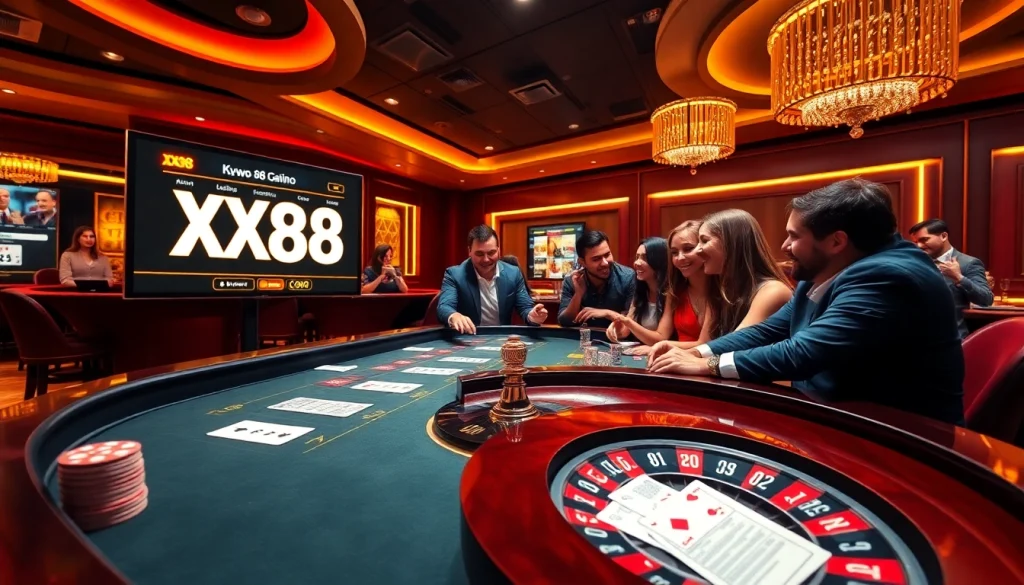 Excited players engaging in a luxurious XX88 casino scene featuring cards, chips, and a roulette wheel.
