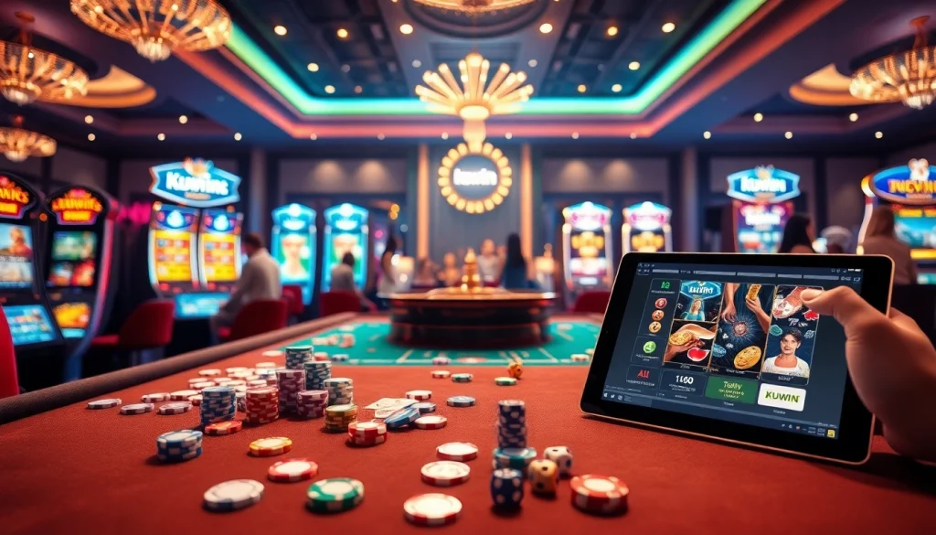 Experience the excitement of kuwin with dynamic casino elements like poker chips, cards, and roulette.