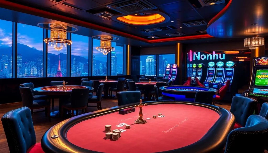 Nohu-themed casino with luxurious poker tables, roulette wheel, and vibrant city skyline.